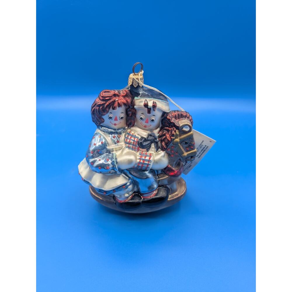 Vtg 1998 Kurt Adler Raggedy Ann & Andy On Rocking Horse Glass Christmas Ornament